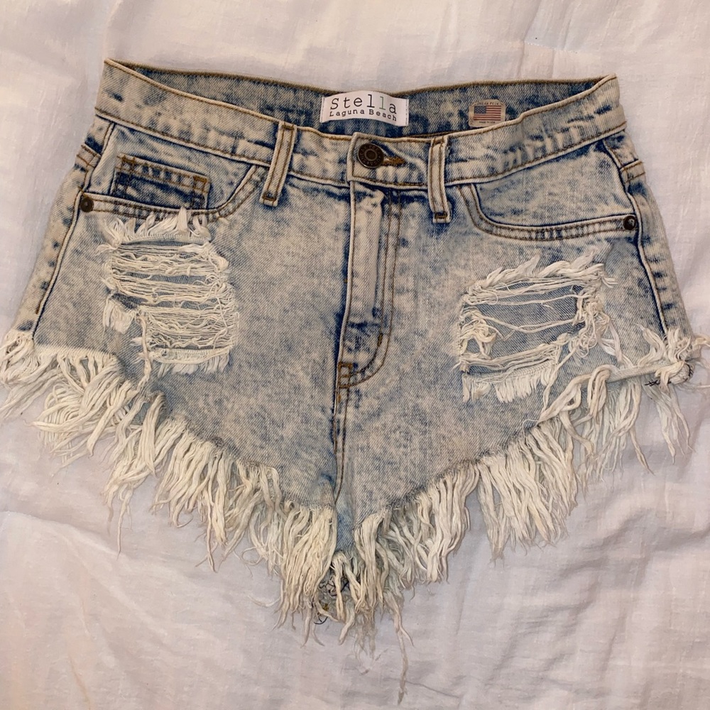 Stella Laguna Beach Distressed High Waisted Cheeky Denim Shorts-Medium